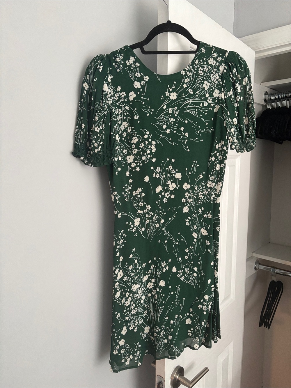 Reformation Emerald Green Floral Puff-Sleeve Mini Dress